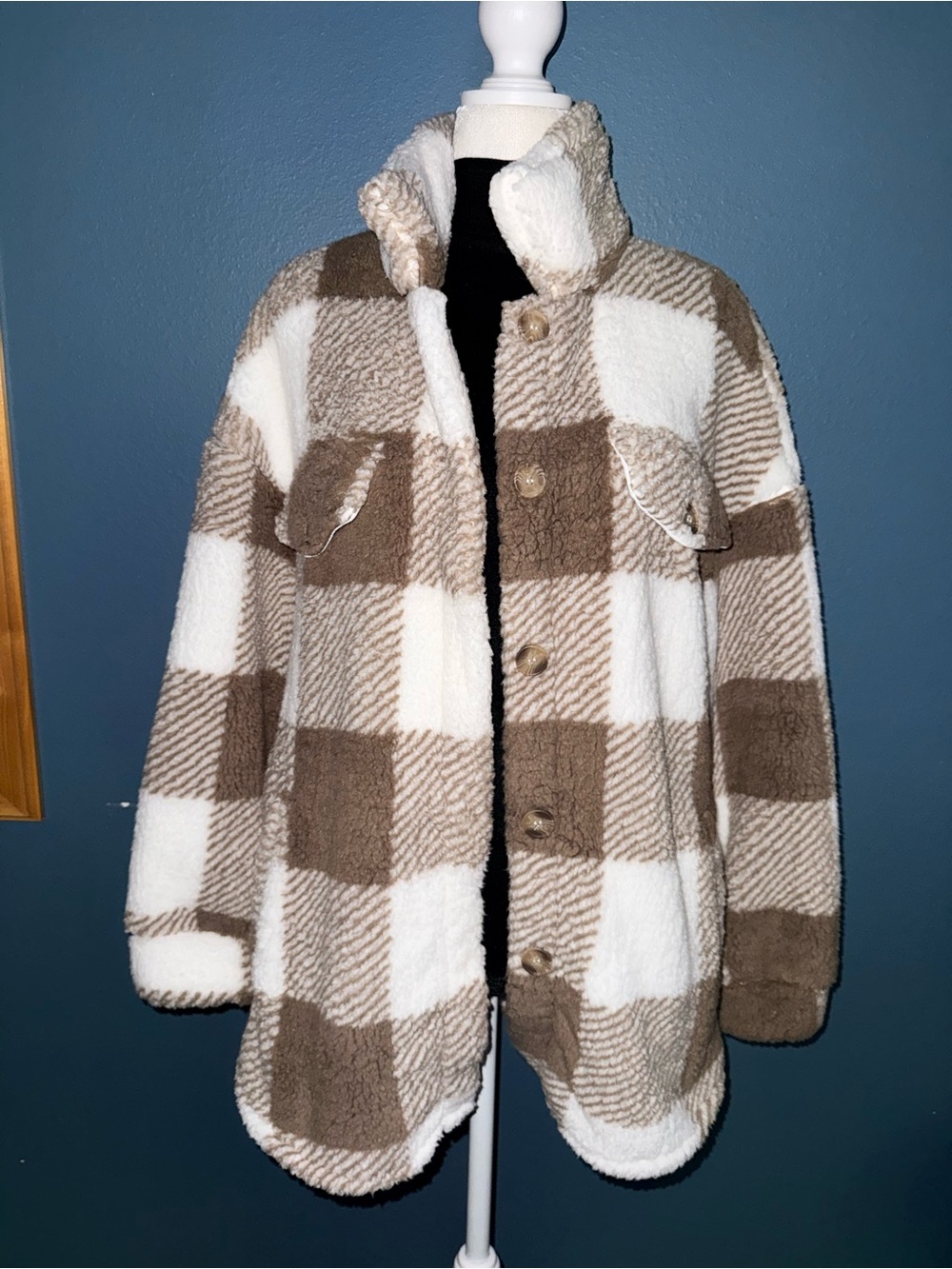 MEROKEETY Fleece Plaid Button Down Sherpa Shacket